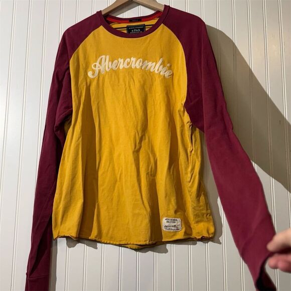 VTG Y2K Abercrombie Fitch Muscle Fit Raglan Long Sleeve Shirt XXL Gold Burgundy - Picture 2 of 11